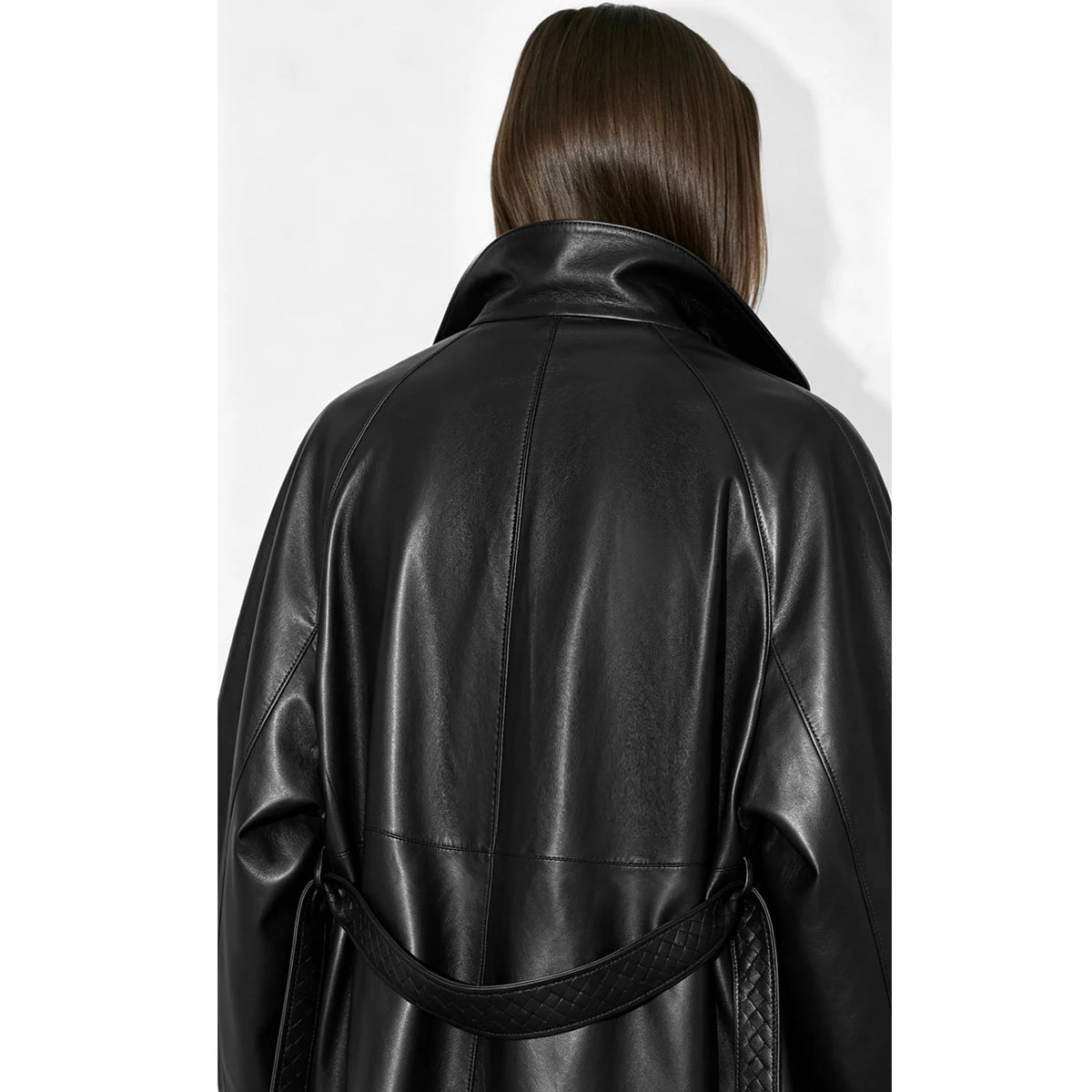 Faux Leather Trench Coat, Belted Double-Breasted Jacket with Wide Lapels and Longline Silhouette, Chic Statement Outerwear