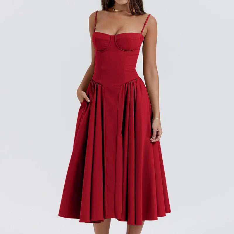 Vintage A-Line Midi Dress – Spaghetti Strap Corset Bodice Dress with Pleated Flared Skirt for Weddings, Brunches & Special Occasions