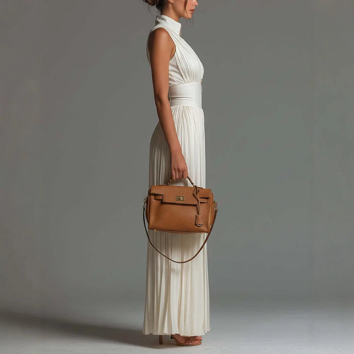 Pleated Wide Leg Jumpsuit – Sleeveless Halter Neck Jumpsuit with Deep V Neckline, Front Zip Closure and Flowing Palazzo Legs