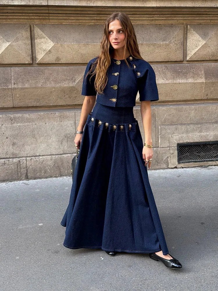 Button Detail Crop Top & Pleated Maxi Skirt Co-Ord Set | Short Sleeve Two Piece Outfit | Elegant Vintage Inspired Matching Set