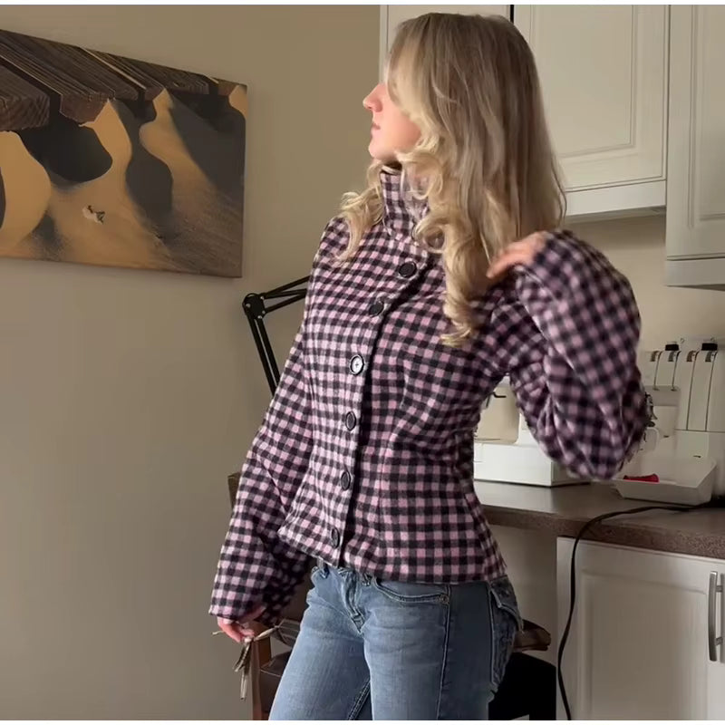 Plaid & Button Up Jacket – Women's Oversized Wool Look Shacket with High Collar, Long Sleeves and Classic Check Pattern