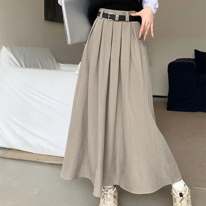 High Waisted Maxi Skirt A Line Pleated Long Flowing Skirt Belted Full Length Casual Office Workwear Minimalist