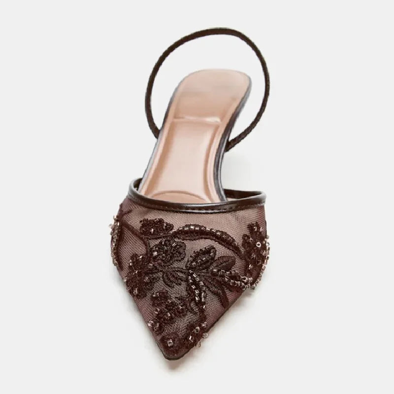 Embroidered Slingback Heels | Pointed Toe Mesh Pumps | Elegant Lace Detail Dress Shoes