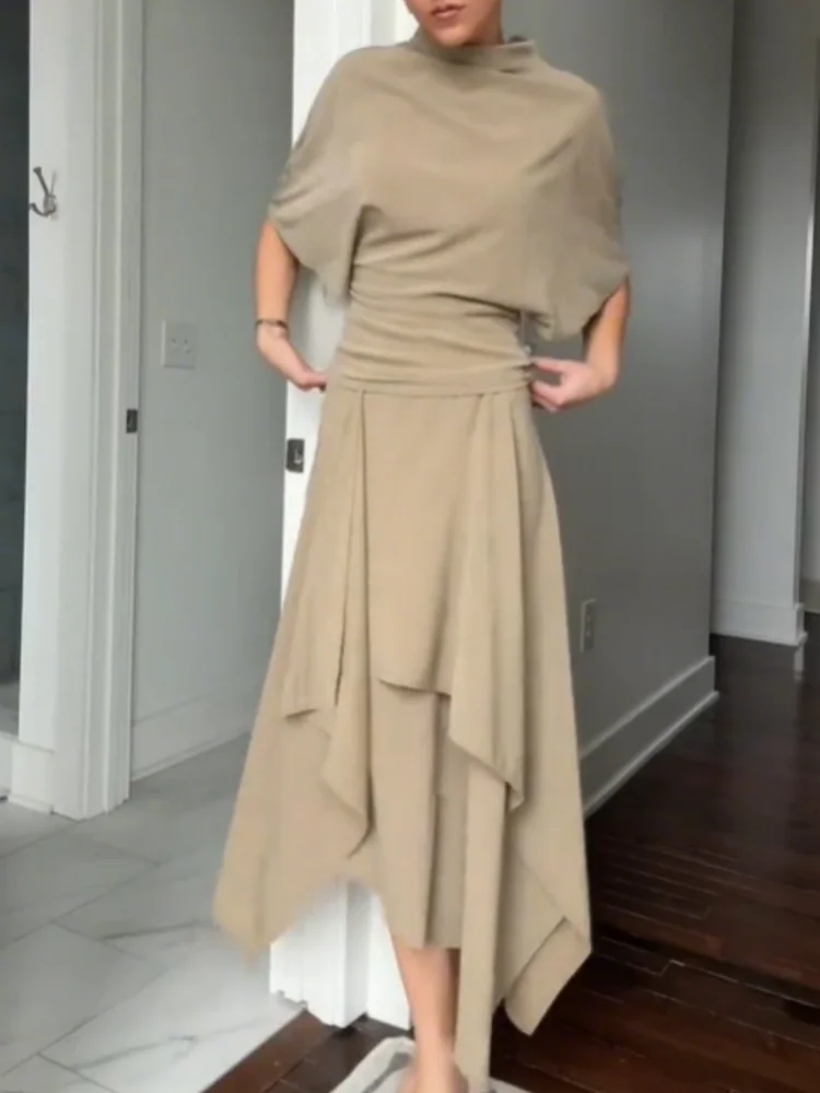 High Neck Draped Top & Asymmetric Midi Skirt Co-Ord Set | Elegant Two Piece Outfit with Waist Tie | Chic Formal & Occasion Wear