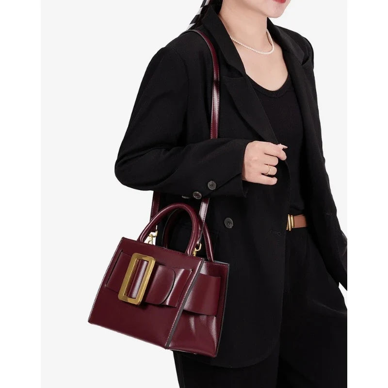 Structured Top Handle Handbag, Elegant Box Satchel with Statement Buckle Detail, Minimalist Shoulder Purse for Work, Dates & Everyday Use