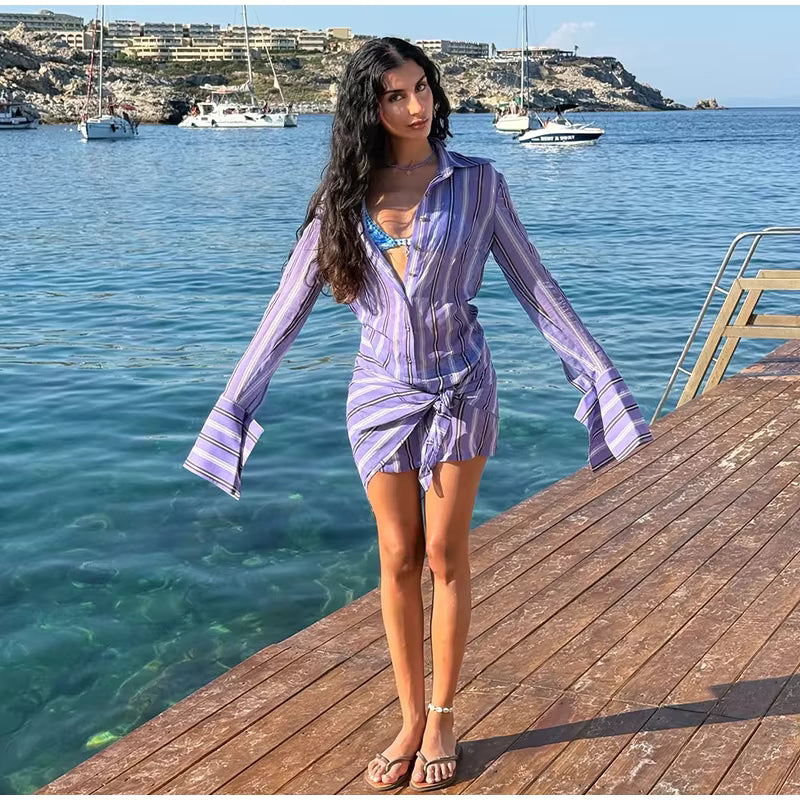 Striped Shirt Mini Dress – Sheer Chiffon Button Down Dress with Turn-Down Collar, Long Sleeves, Waist Tie and Detachable Scarf