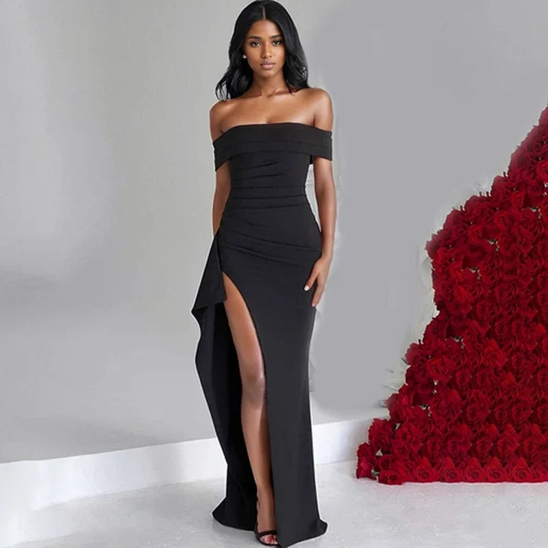 Off Shoulder Bodycon Maxi Dress – Fitted Floor-Length Dress with Thigh-High Side Slit for Weddings, Cocktail Parties & Evening Events