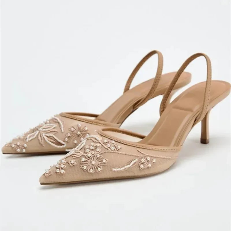 Embroidered Slingback Heels | Pointed Toe Mesh Pumps | Elegant Lace Detail Dress Shoes