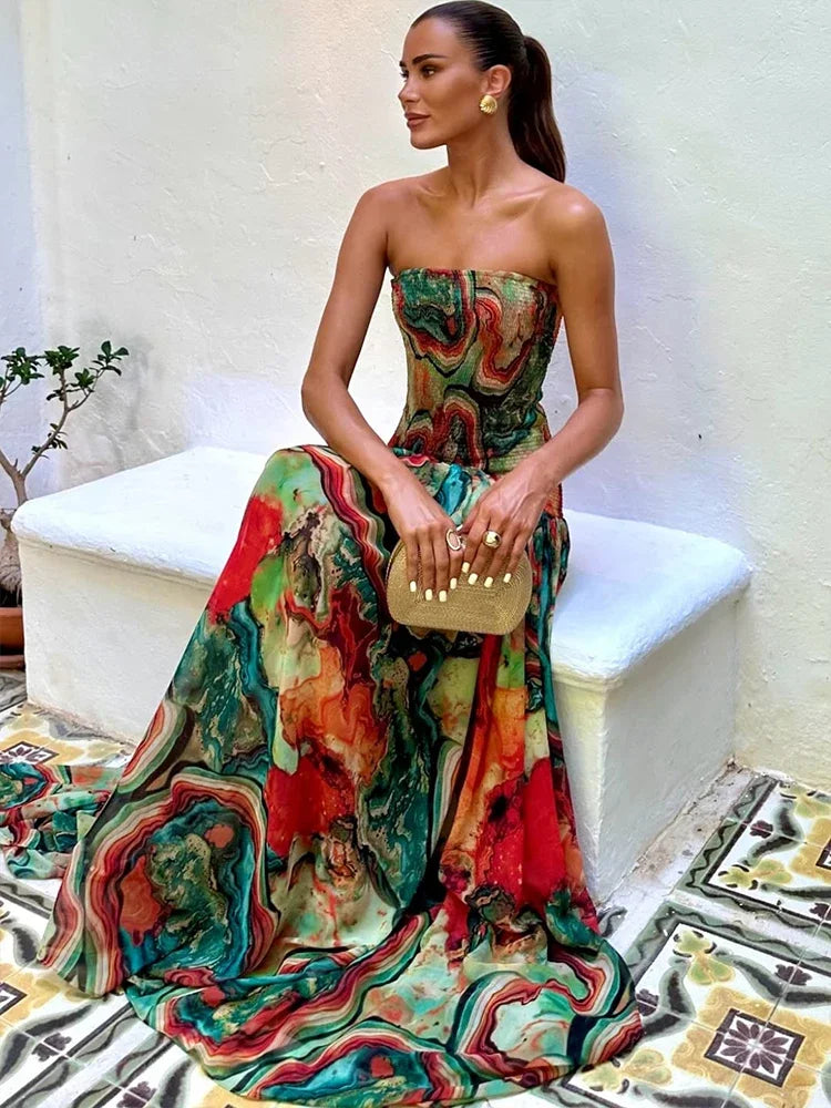 Bohemian Maxi Dress – Strapless Corset Dress with Fitted Bodice, Defined Waist and Flowing Tiered Skirt for Vacations & Summer Events