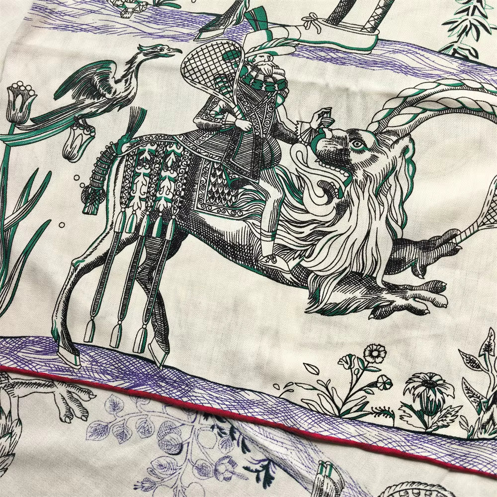 Mythical Animal Print Scarf, Ornamental Equestrian Pattern Shawl, Artistic Square Wrap with Decorative Border
