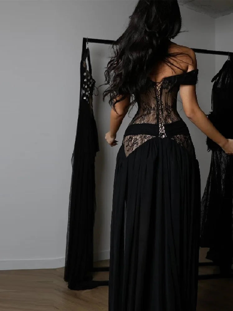 Lace Cutout Maxi Dress – Off Shoulder Long Sleeve Evening Gown with Sheer Lace Panels, Ruched Waist and High Side Slit for Formal Events