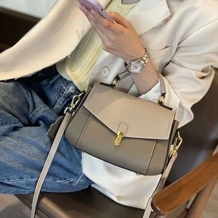 Women's Shoulder Bag, Elegant Leather Handbag, Structured Crossbody Purse with Top Handle, Flap Closure & Gold-Tone Hardware