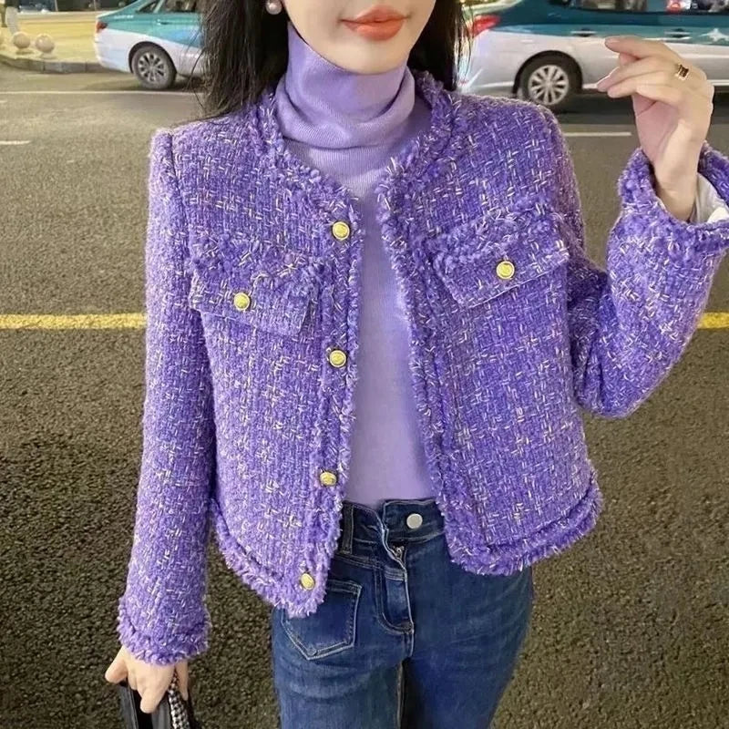 Textured Tweed Jacket, Cropped Collarless Jacket with Gold Button Details and Front Pockets, Elegant Chic Casual Outerwear