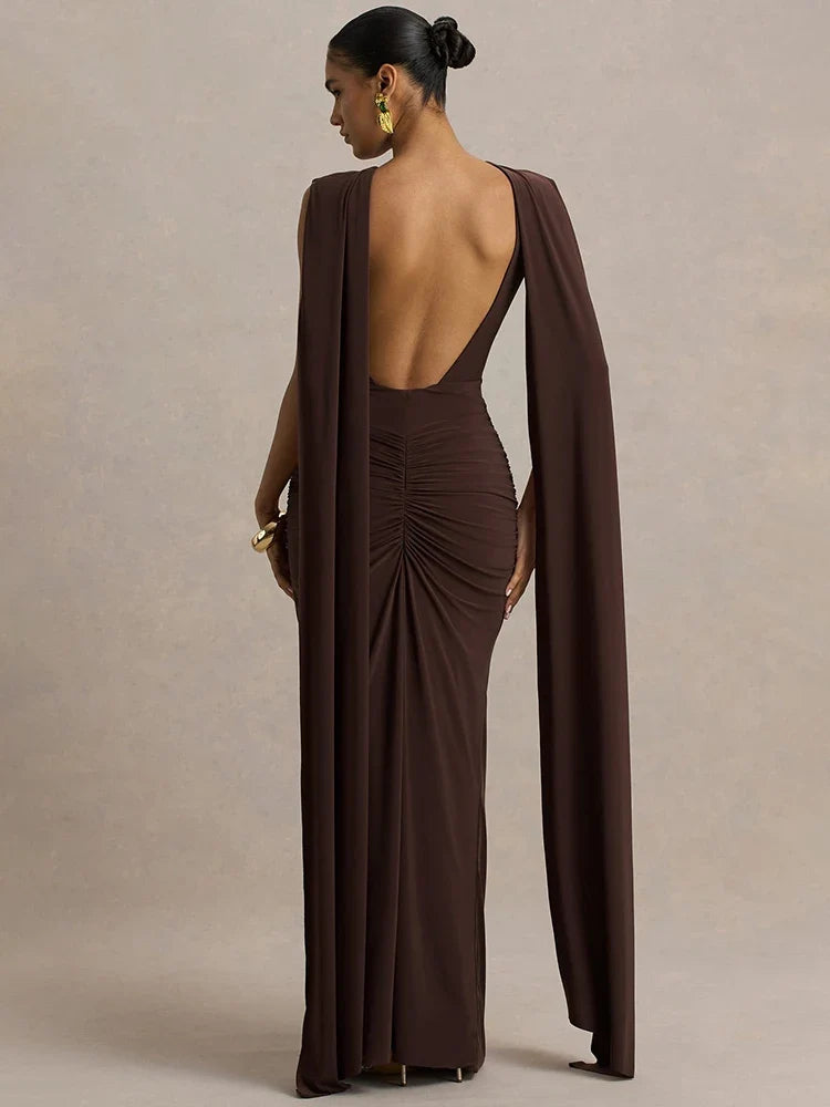 Ruched Maxi Dress – Sleeveless High Neck Bodycon Gown with Draped Waist and Floor-Length Silhouette for Weddings & Evening Events