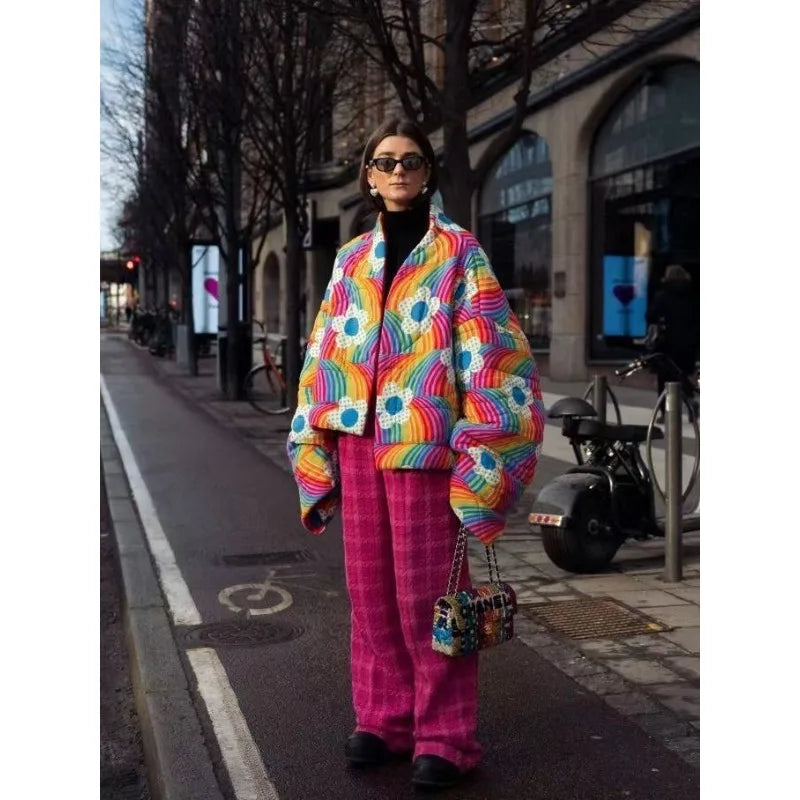 Quilted Puffer Jacket with Abstract Print, Oversized Zip-Up Jacket with High Neck and Front Pockets, Statement Winter Outerwear