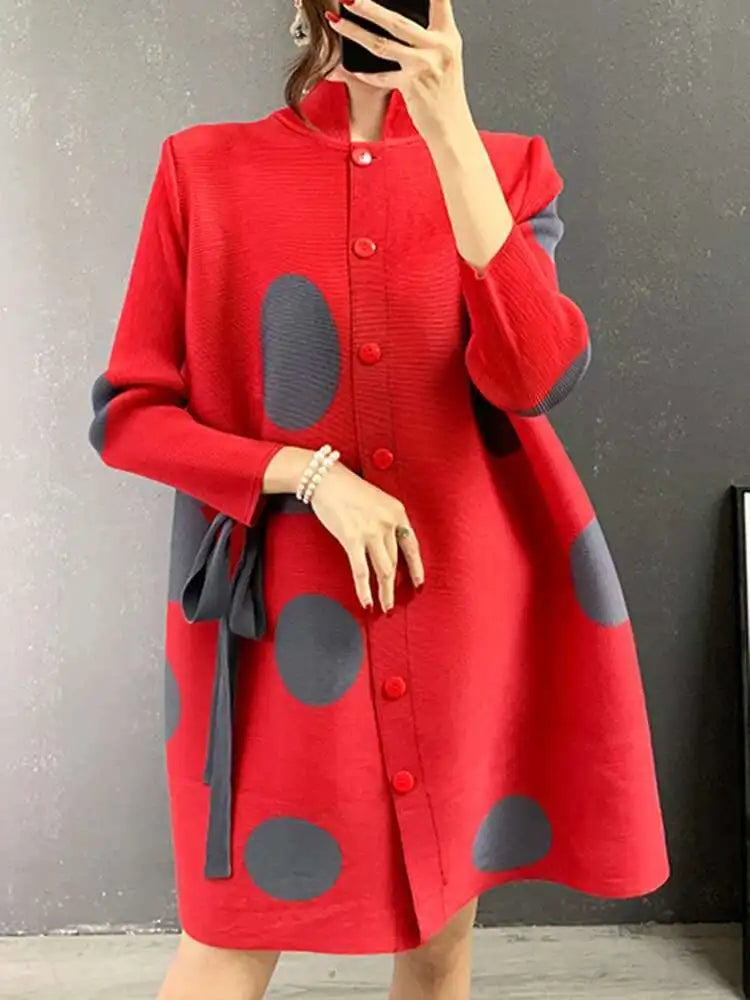Polka Dot Mini Dress – Long Sleeve High Neck Dress with Statement Cutout Detail, Tie Waist and Relaxed A-Line Silhouette for Casual Wear