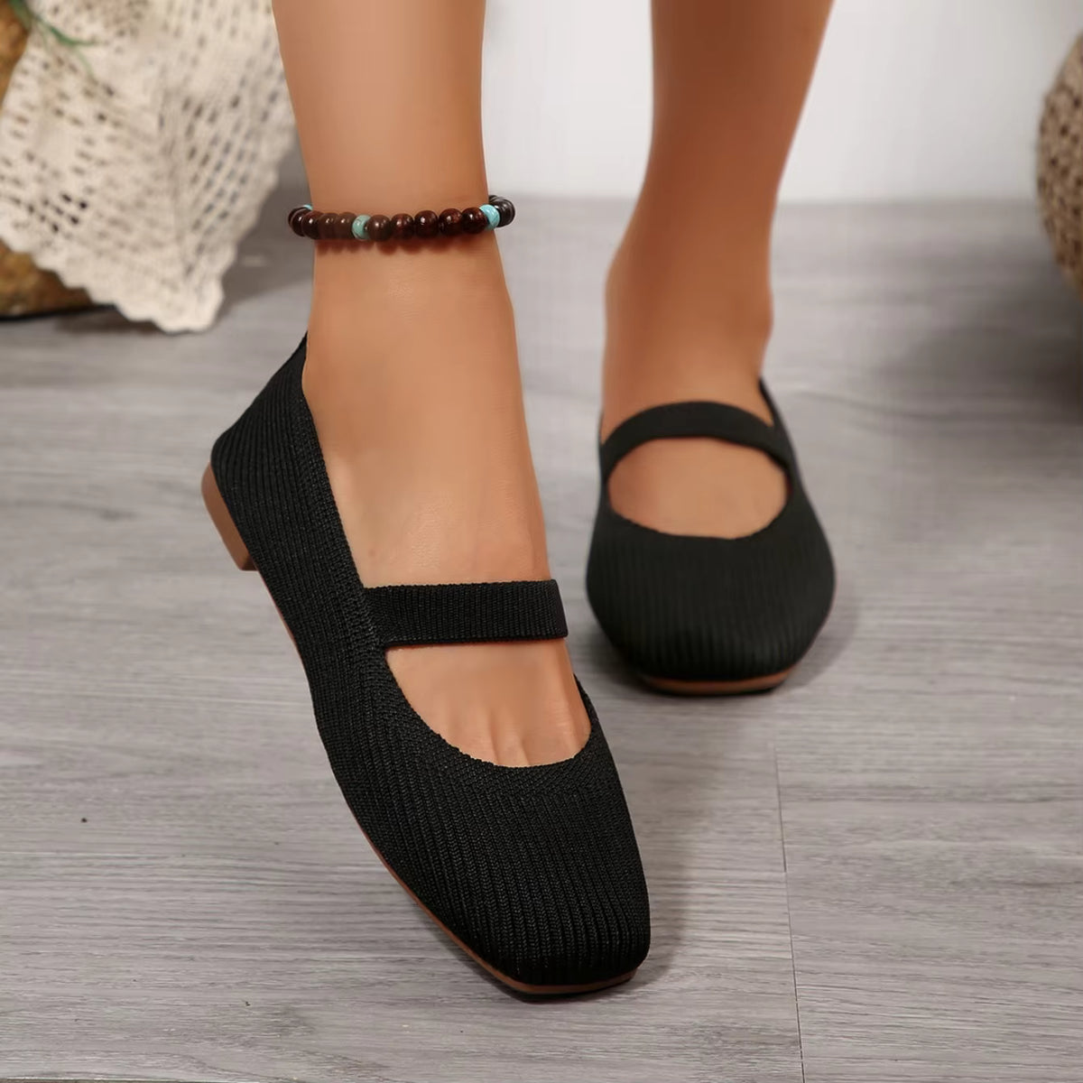 Mary Jane Knit Flats | Round Toe Ballet Shoes | Textured Slip-On Strap Flats for Everyday Wear