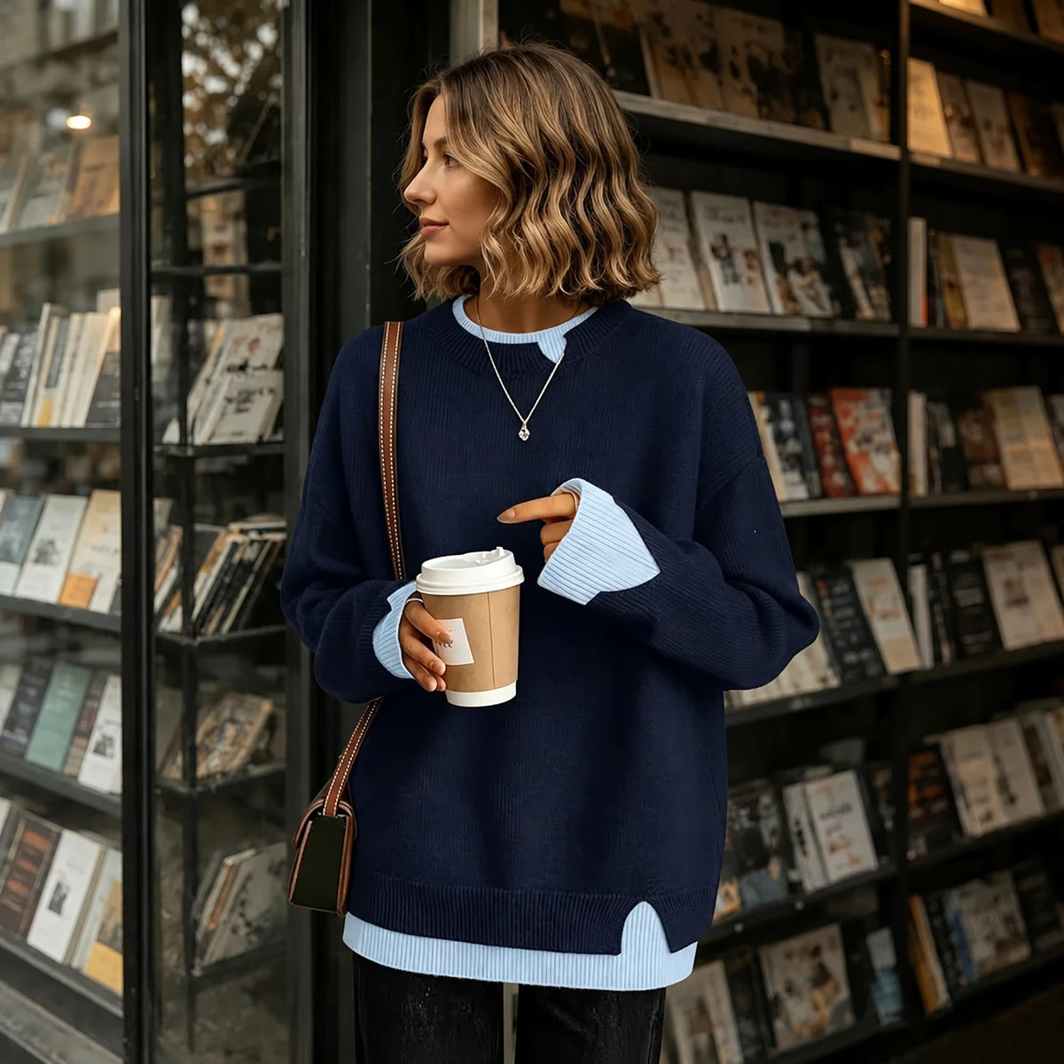 Oversized Ribbed Knit Sweater, Crew Neck Pullover with Balloon Sleeves and Layered Hem, Cozy Casual Fall Winter Knitwear