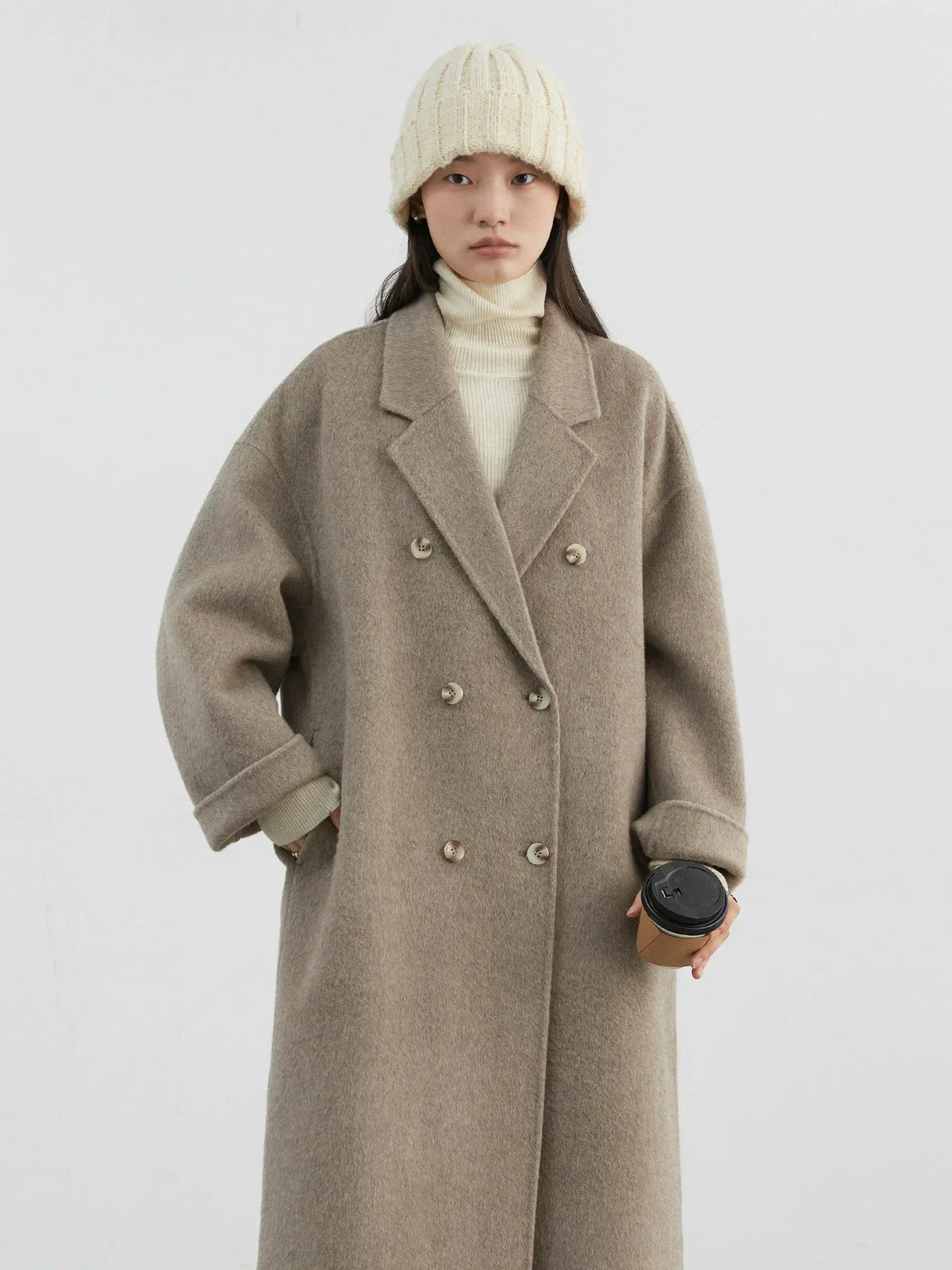 Long Double-Breasted Wool Coat, Tailored Lapel Overcoat with Relaxed Fit, Classic Fall Winter Outerwear