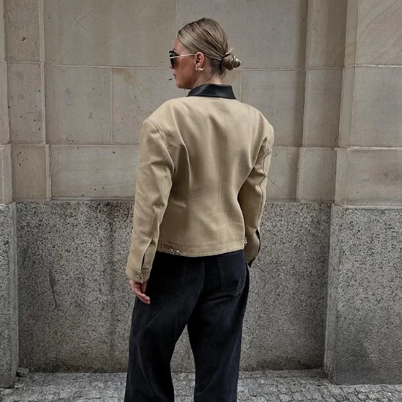 Fitted Leather Jacket with Contrast Collar, Zip-Up Blazer Jacket with Piped Pockets, Tailored Chic Transitional Outerwear