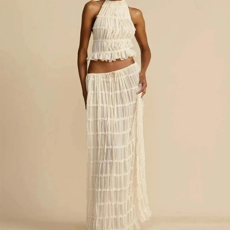 Halter Crochet Crop Top & Maxi Skirt Co-Ord Set | Sleeveless Two Piece Open Knit Outfit | Chic Beach Vacation & Resort Matching Set