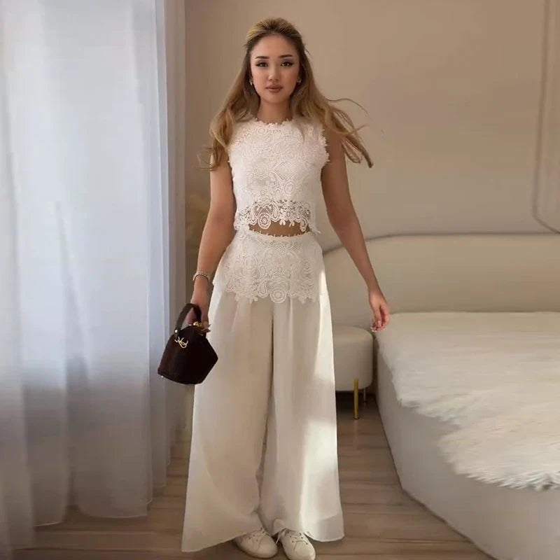 Lace High Neck Top & Wide Leg Pants Co-Ord Set | Sleeveless Two Piece Outfit with Scalloped Detail | Elegant Party & Occasion Wear Matching Set