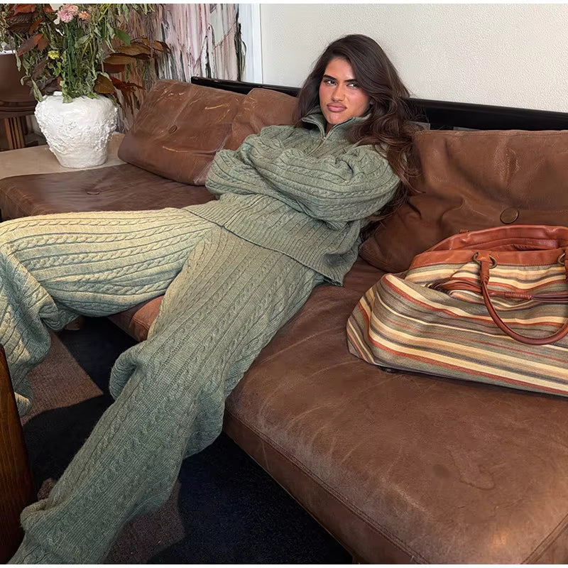 Cable Knit Sweater &amp; Wide Leg Pants Co-Ord Set | Oversized Two Piece Knit Outfit | Cozy Fall &amp; Winter Lounge Matching Set