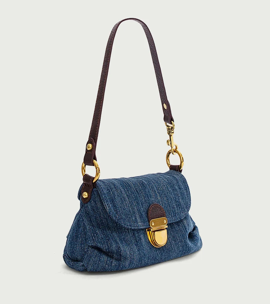 Denim Shoulder Bag, Mini Flap Handbag with Adjustable Strap, Vintage Casual Purse with Gold-Tone Buckle for Shopping, Dates & Everyday Use