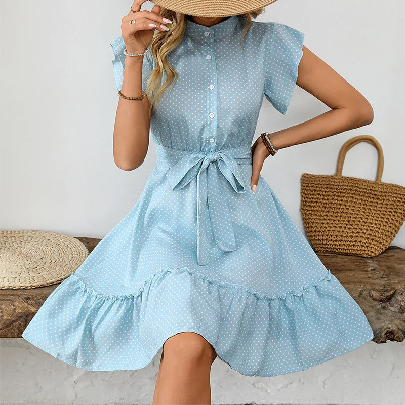 Textured Mini Dress – Short Sleeve Crew Neck Dress with Tie Waist, Tiered Ruffle Skirt and Relaxed Fit for Brunch, Vacations & Summer Outings