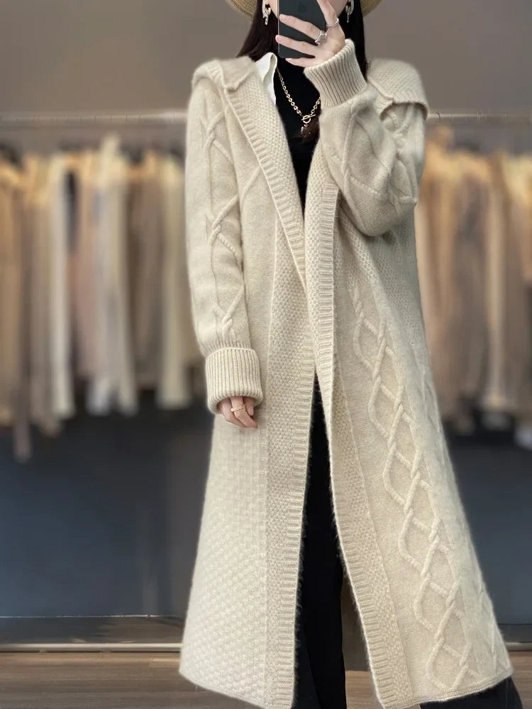Long Cable Knit Cardigan Coat, Hooded Open Front Sweater Duster with Pockets, Cozy Winter Layering Outerwear