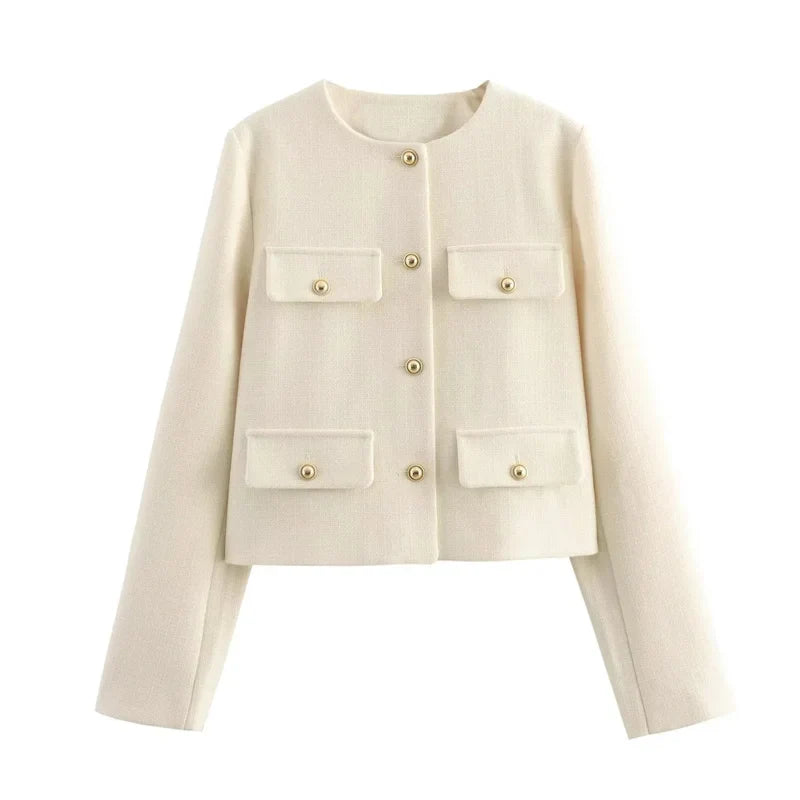 Cropped Utility Jacket with Multiple Patch Pockets, Minimalist Button-Up Collarless Jacket, Tailored Casual Outerwear