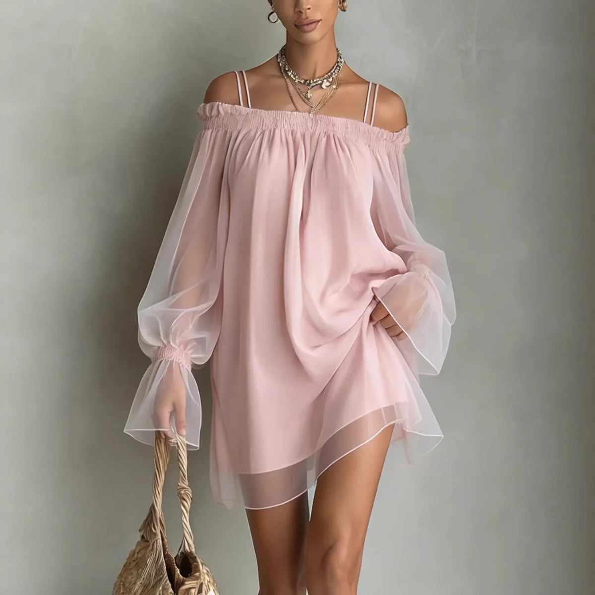 Off Shoulder Chiffon Mini Dress – Flowy Boho Dress with Sheer Balloon Sleeves, Spaghetti Straps and Layered Hem