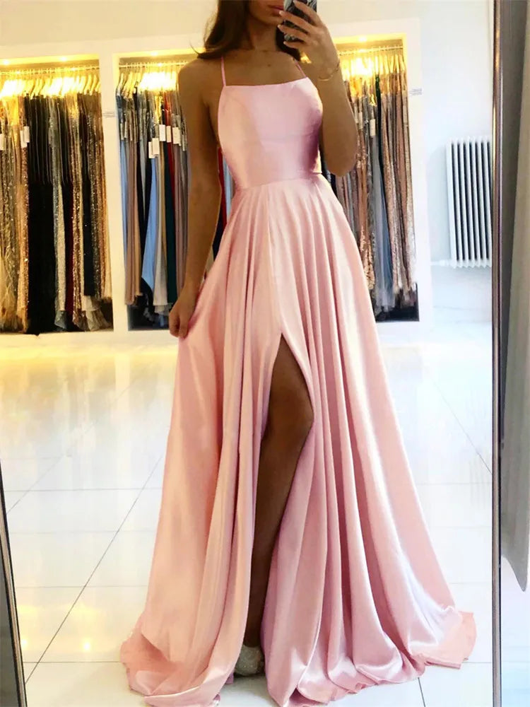 Satin Evening Gown – Strapless A-Line Maxi Dress with Pleated Skirt and High Slit for Weddings, Galas, Prom & Formal Events