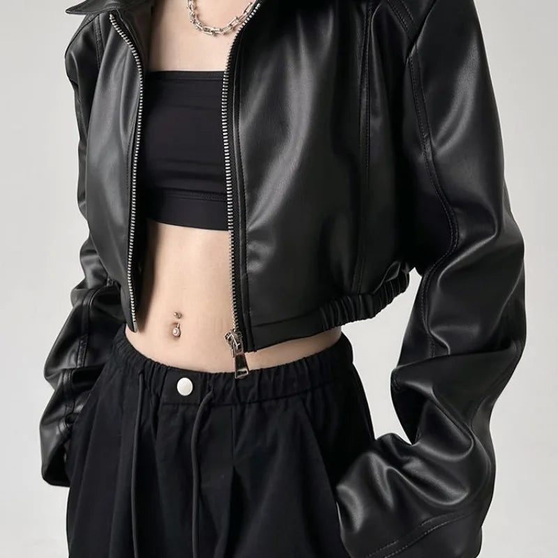 Cropped Faux Leather Bomber Jacket, Zip-Up Jacket with Voluminous Sleeves and Elasticated Hem, Edgy Casual Streetwear Outerwear