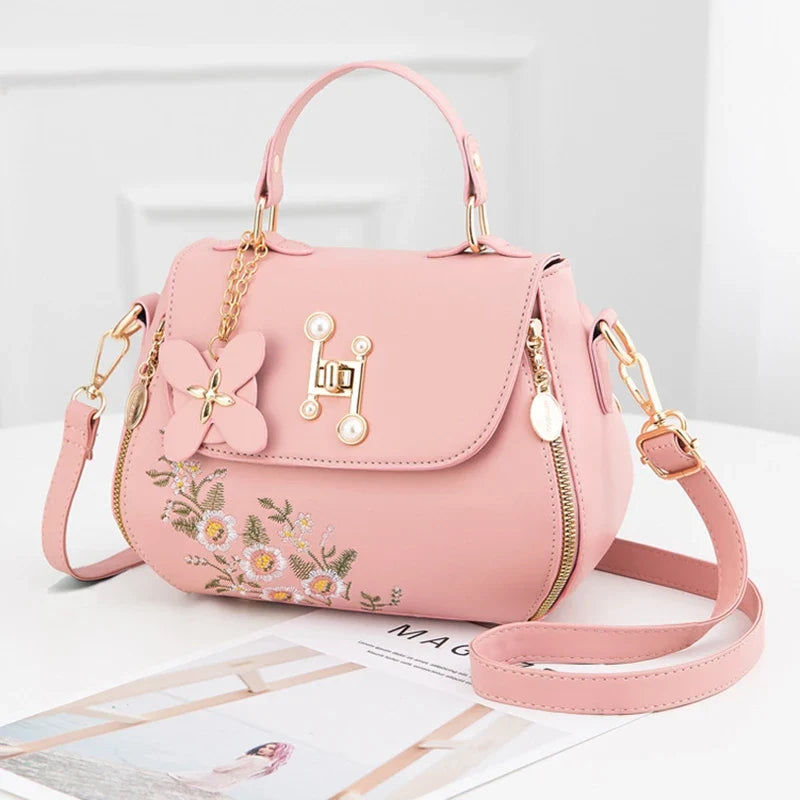Embroidered Satchel Handbag, Elegant Top Handle Shoulder Purse with Floral Details, Structured Crossbody Bag with Adjustable Strap for Everyday Use