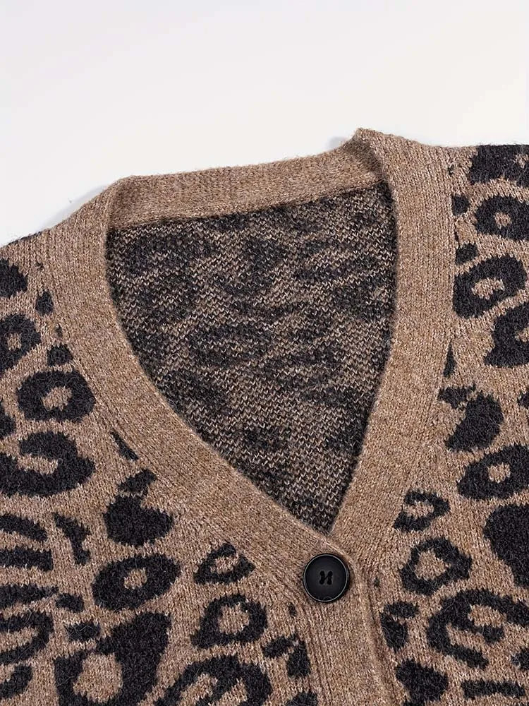Leopard Print Knit Cardigan, V-Neck Button Front Sweater with Ribbed Trim, Animal Print Cozy Layering Top for Fall Winter
