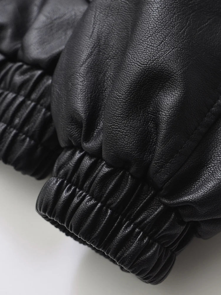 Faux Leather Bomber Jacket, Oversized Zip-Up Jacket with Wide Collar and Elasticated Hem, Minimalist Casual Streetwear Outerwear
