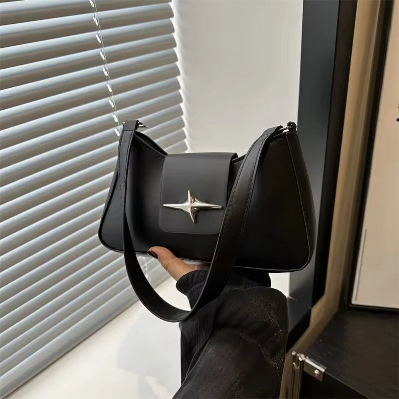 Minimalist Shoulder Bag, Structured Flap Handbag with Wide Strap & Statement Hardware, Elegant Crossbody Purse for Work, Dates & Everyday Use