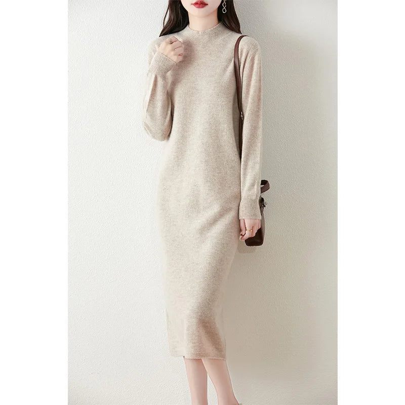 Long Sleeve Midi Dress – High Neck Ribbed Knit Dress with Slim Fit Silhouette, Stretch Fabric and Elegant Minimalist Design for Fall