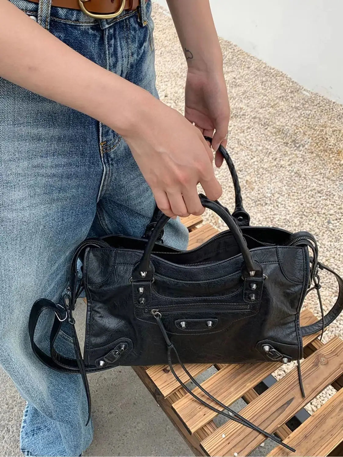 Vintage Motorcycle Style Handbag, Studded Leather-Look Satchel with Multiple Pockets, Top Handle Shoulder & Crossbody Purse for Casual Everyday Use