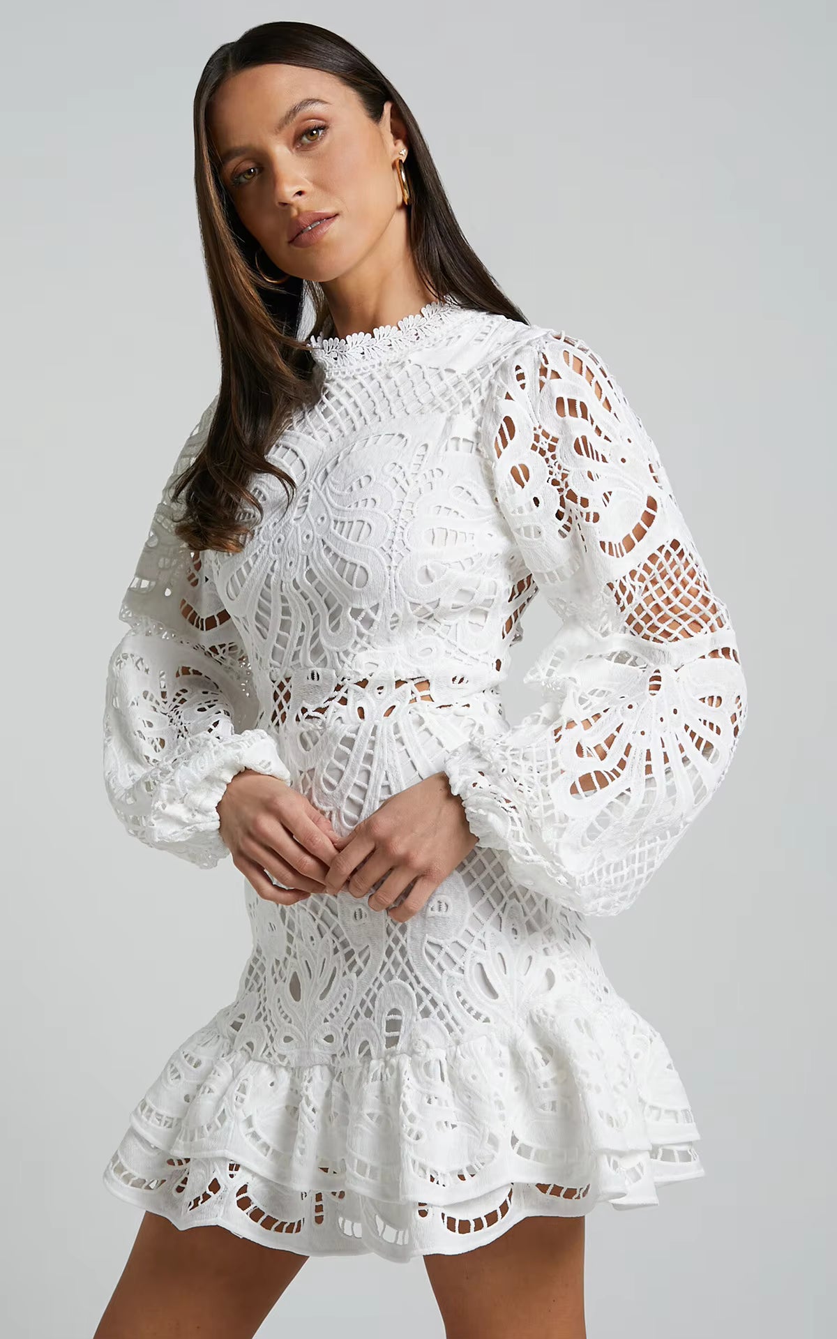 Lace Mini Dress – Long Sleeve Crochet Dress with High Neckline, Intricate Cutout Embroidery, Fitted Waist and Ruffle Hem