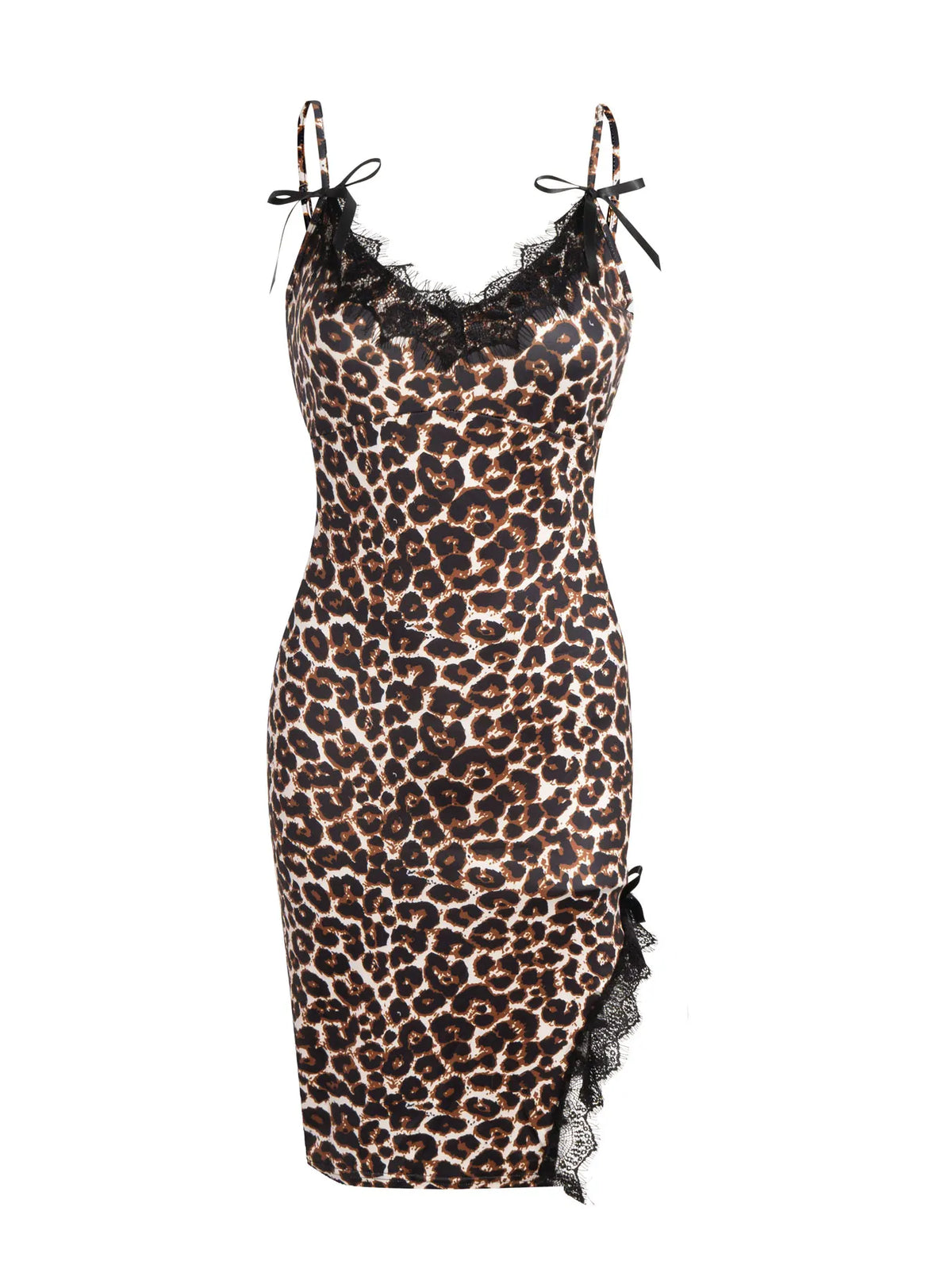 Leopard Print Mini Dress – Lace Trim Bodycon Dress with Spaghetti Straps, Bow Detail, Asymmetrical Hem and Fitted Silhouette