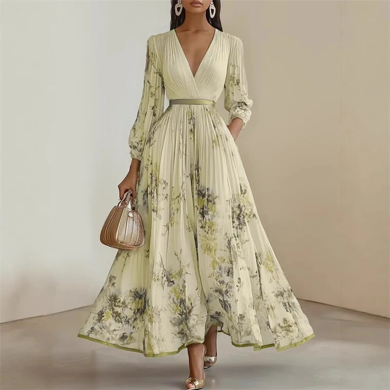 Floral Maxi Dress – Long Sleeve V-Neck A-Line Dress with Tie Waist and Flowing Skirt for Weddings, Brunches & Special Occasions
