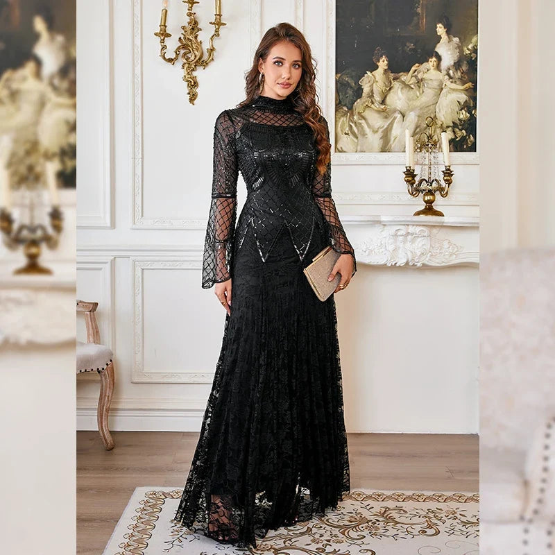 Lace Maxi Dress – Long Sleeve High Neck Evening Gown with Sheer Lace Bodice, Fitted Waist and Flowing Floor-Length Skirt for Formal Events
