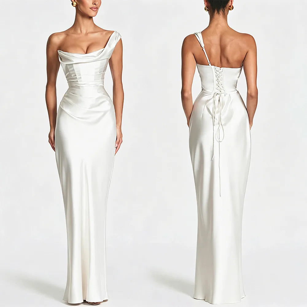 Satin Corset Maxi Dress – Draped Off Shoulder Dress with Spaghetti Straps, Lace-Up Back, Fitted Waist and Floor-Length Skirt