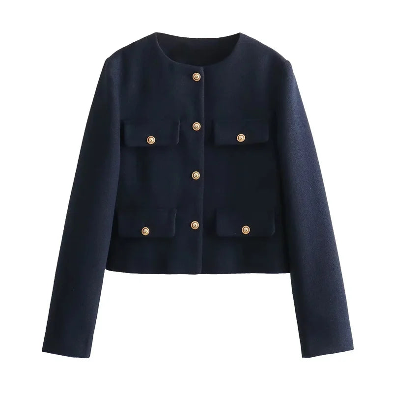 Cropped Utility Jacket with Multiple Patch Pockets, Minimalist Button-Up Collarless Jacket, Tailored Casual Outerwear