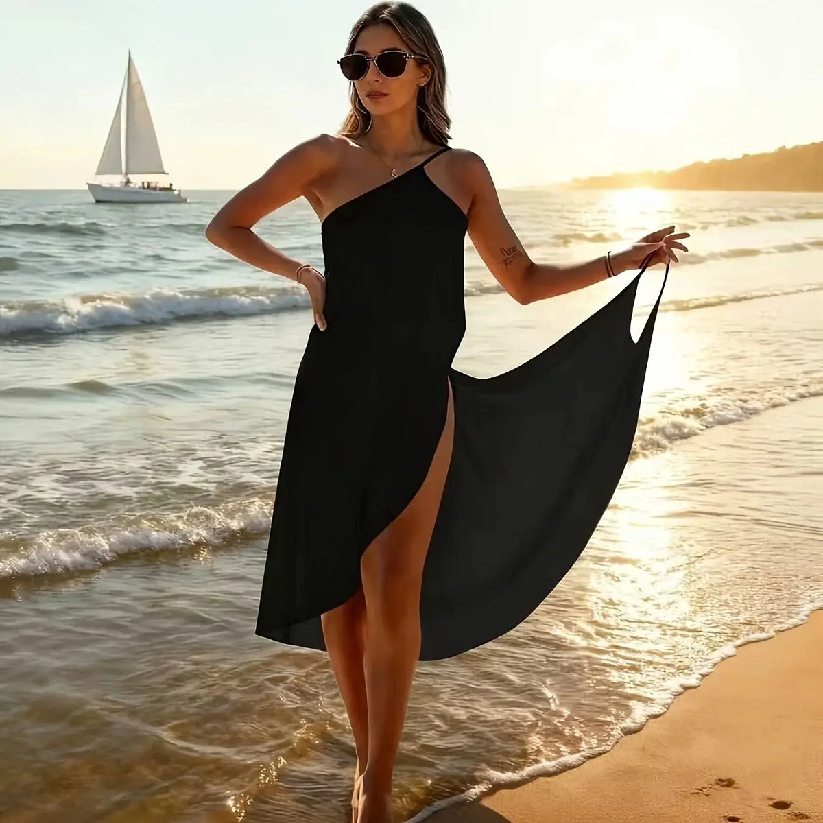 Asymmetrical Beach Maxi Dress – One Shoulder Sleeveless Dress with High Side Slit, Flowing Overlay and Tie Detail for Vacations & Resort Wear