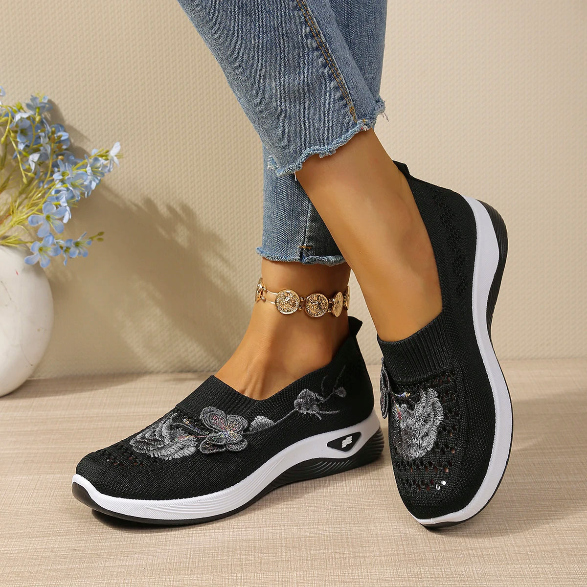 Floral orthopaedic Slip On Sneakers | Embroidered Mesh Walking Shoes | Lightweight Casual Platform Sneakers