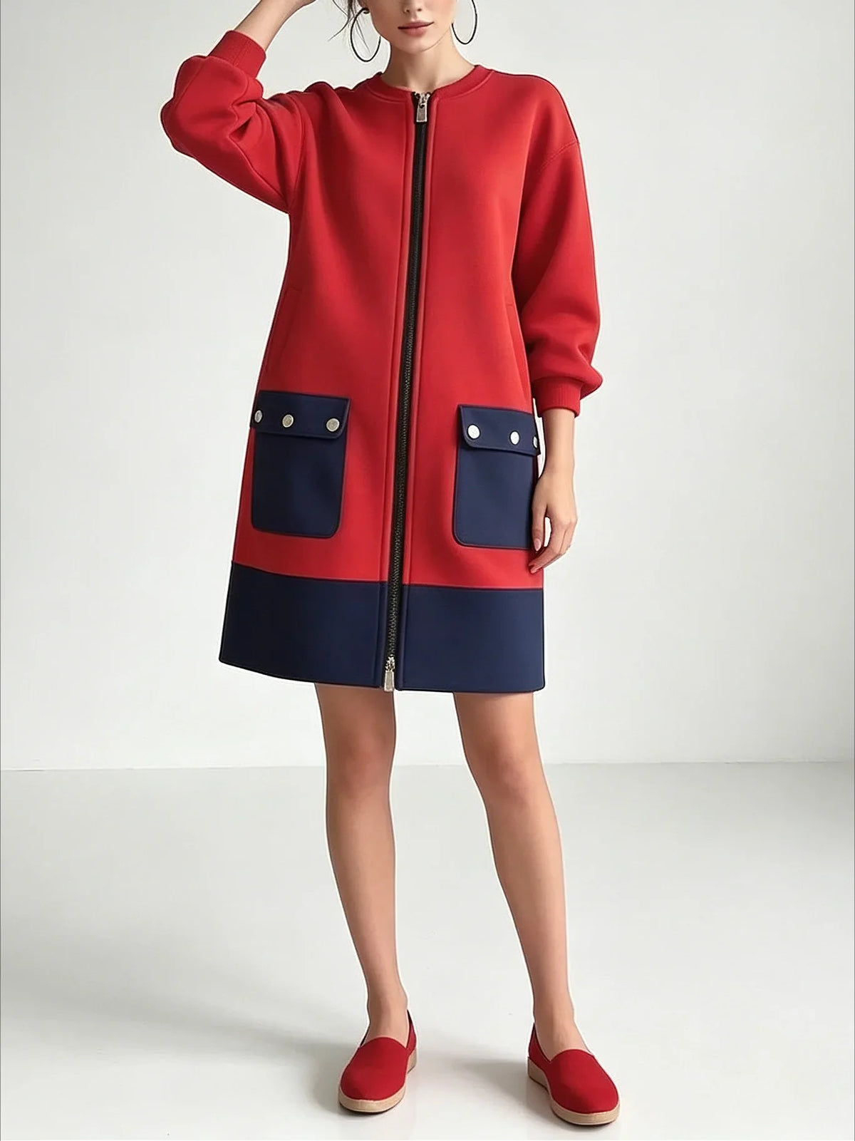 Zip Up Coat Dress – Long Sleeve Mini Dress with Stand Collar, Contrast Patch Pockets and Structured A-Line Silhouette for Fall & Winter