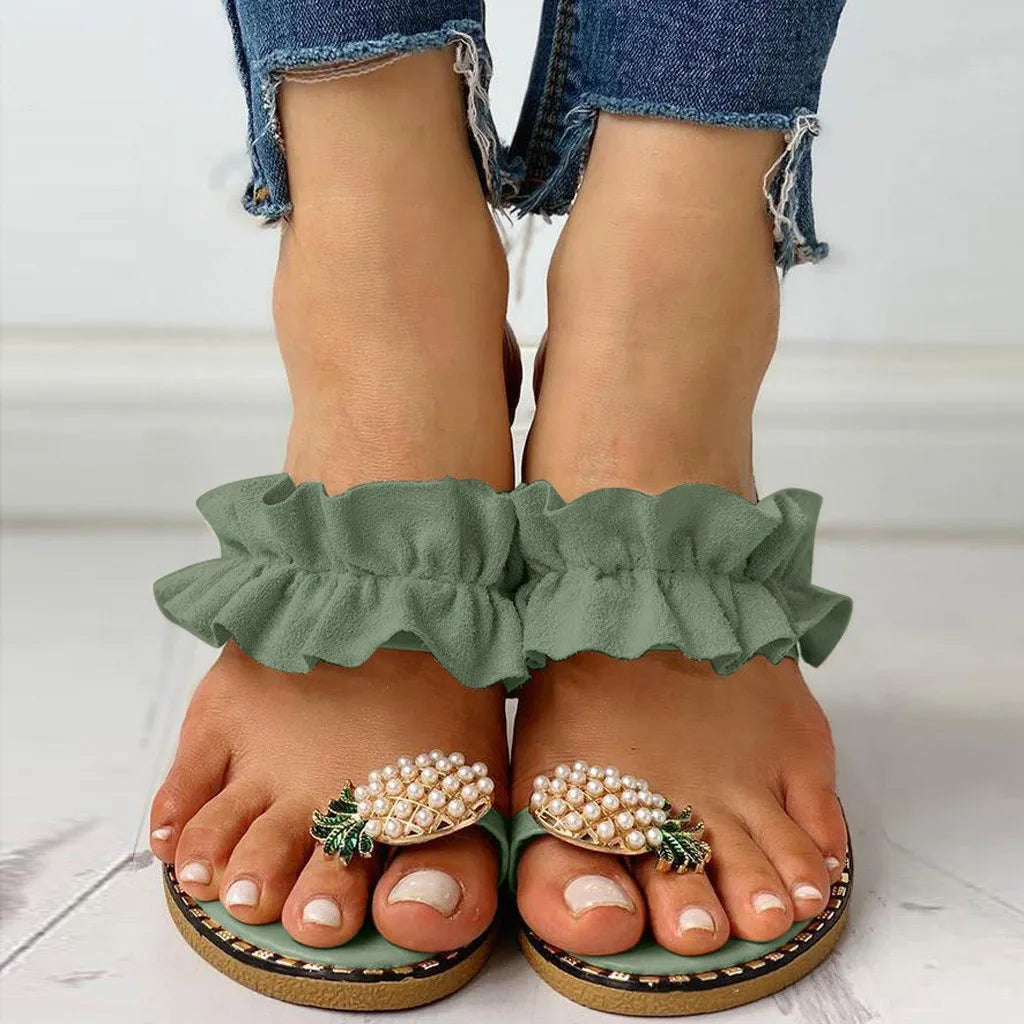 Ruffle Slide Sandals | Pearl Embellished Flat Mules | Floral Charm Summer Vacation Shoes